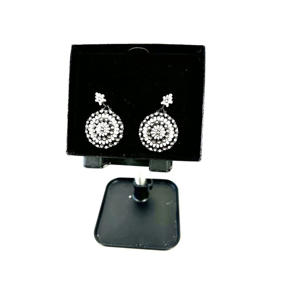 Joan Rivers Cream Enamel Rhinestone Floral Dangle Clip-On Earrings Box